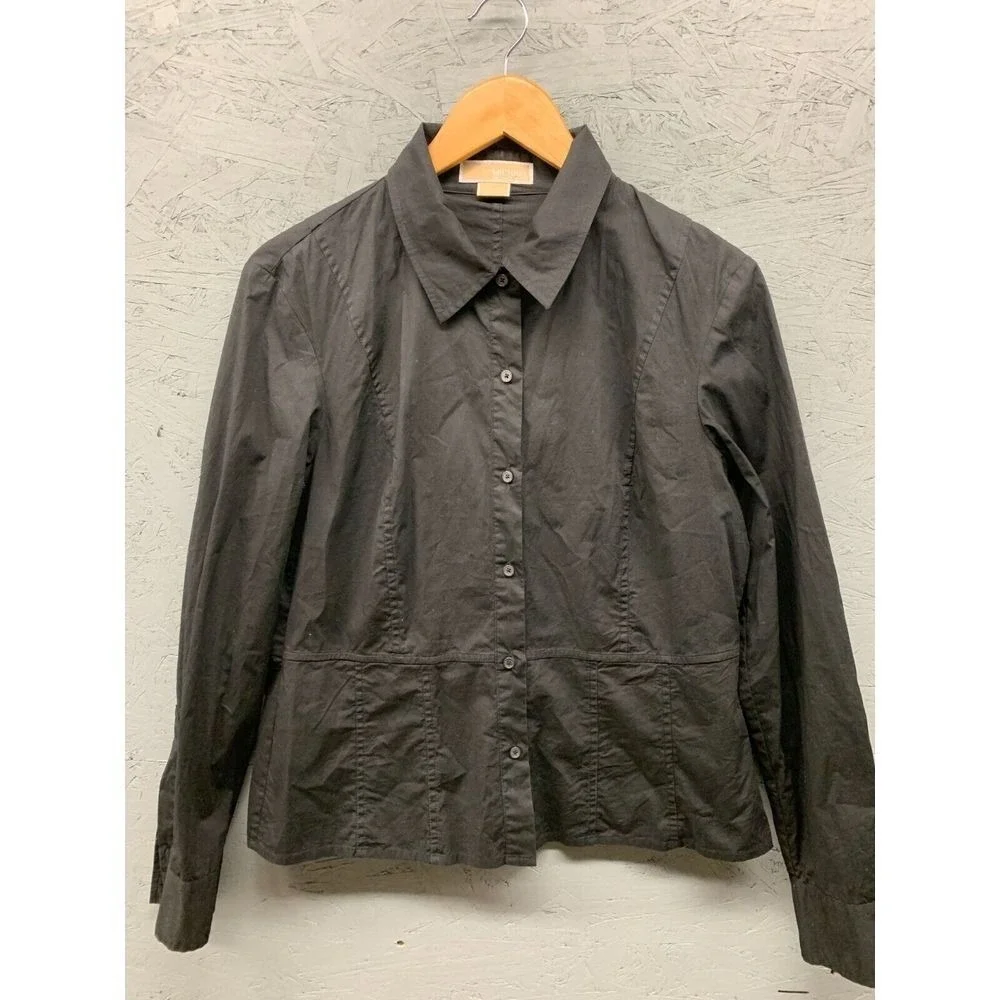 Michael Kors Button Front Shirt Womens L Black Tailored Long Sleeve Office Top
